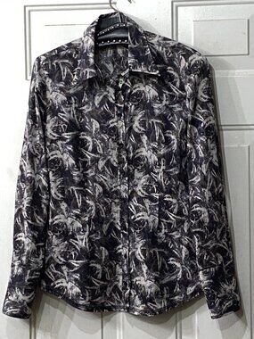 George Roth Sz XS Womens Blouse Shirt Long Sleeve Brown/Gray Abstract Floral